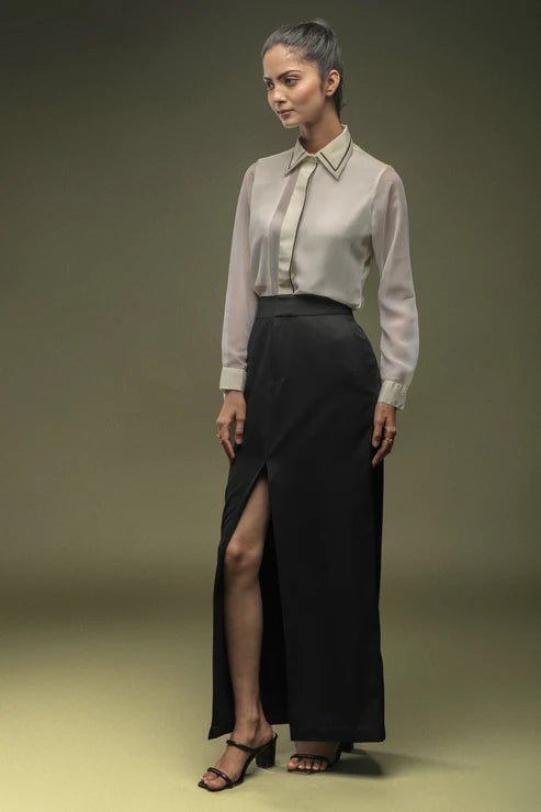 White Crepe Piping Shirt & Full Length Black Skirt Combo - Dheeraj Sharma