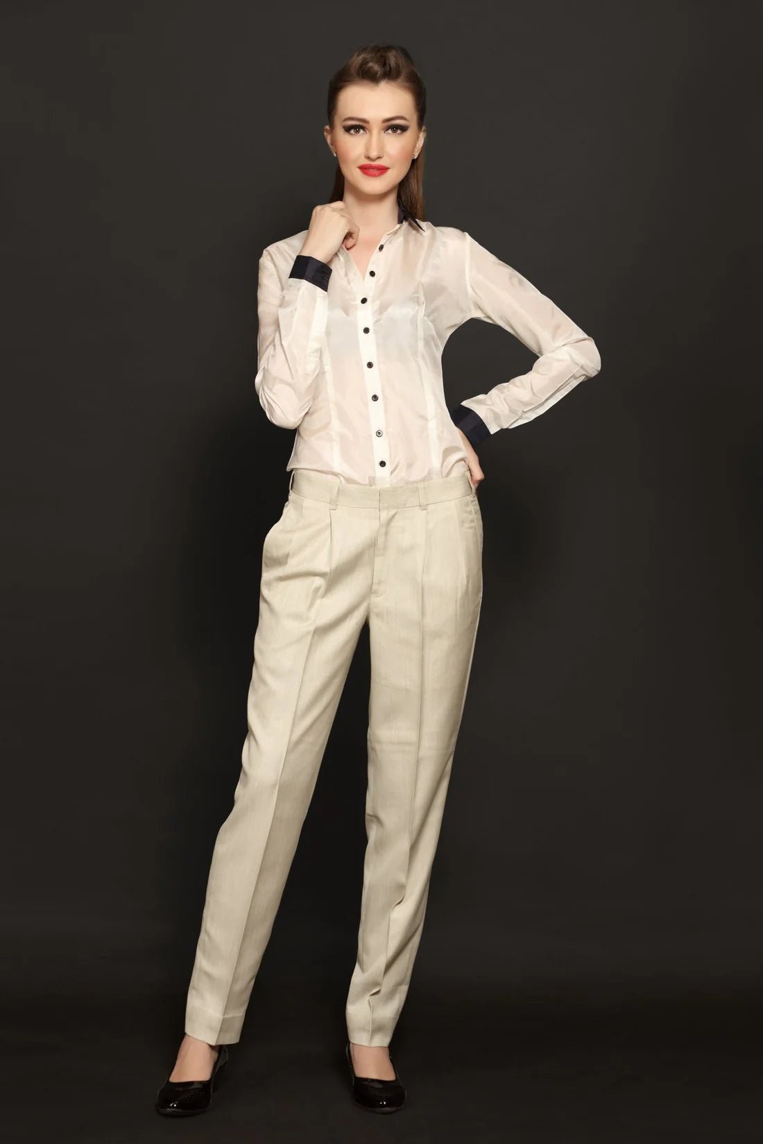 White Crepe Shirt & Ivory Baggy Trouser Combo - Dheeraj Sharma