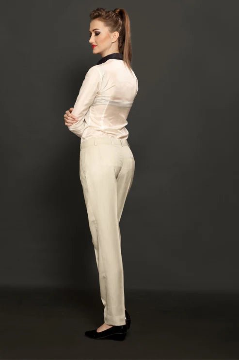 White Crepe Shirt & Ivory Baggy Trouser Combo - Dheeraj Sharma