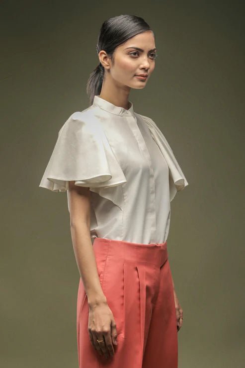 White Flared Bell Sleeve Shirt & Peach Long Belt Touser Combo - Dheeraj Sharma