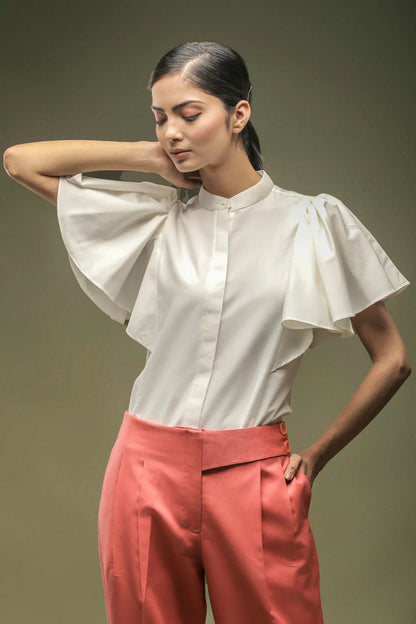 White Flared Bell Sleeve Shirt & Peach Long Belt Touser Combo - Dheeraj Sharma