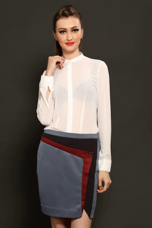 White Georgette Shirt & Grey Panel Skirt Combo - Dheeraj Sharma