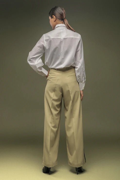 White Patch Pocket Cotton Shirt & Greenish Beige Tuxedo Trouser combo - Dheeraj Sharma