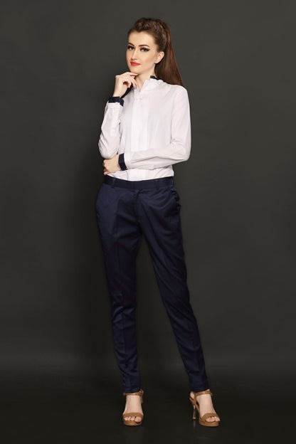 White Pleated Women Shirt & Navy Blue Trouser Combo