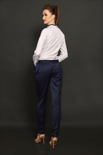 White Pleated Women Shirt & Navy Blue Trouser Combo