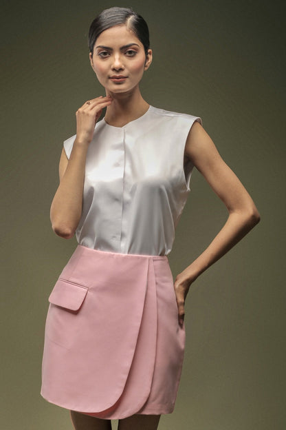 White Sleeveless Satin Shirt & Pink Short Overlapped Skirt Combo - Dheeraj Sharma