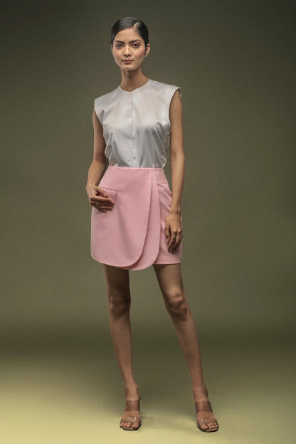 White Sleeveless Satin Shirt & Pink Short Overlapped Skirt Combo - Dheeraj Sharma