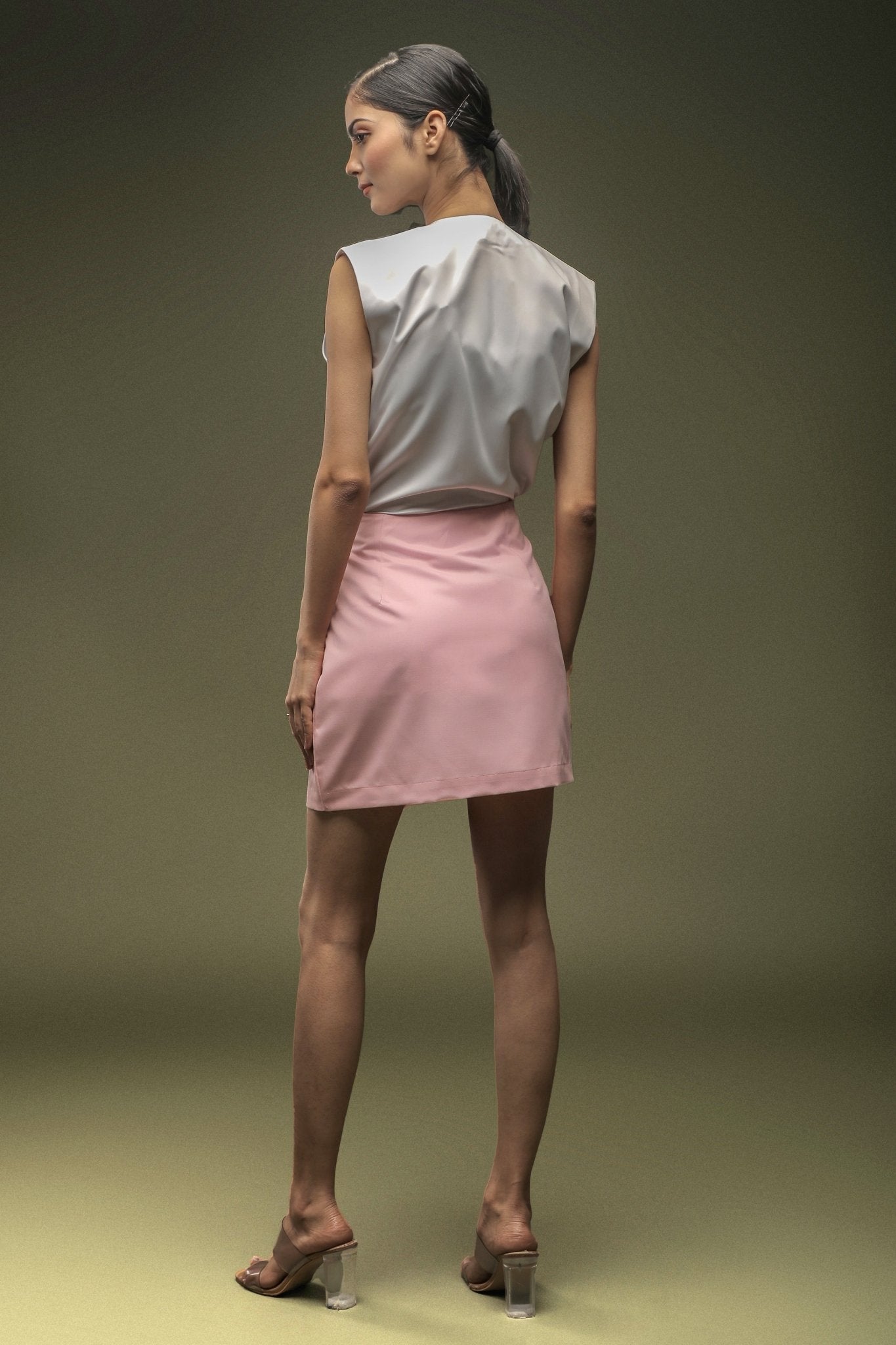 White Sleeveless Satin Shirt & Pink Short Overlapped Skirt Combo - Dheeraj Sharma