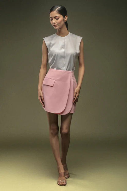 White Sleeveless Satin Shirt & Pink Short Overlapped Skirt Combo - Dheeraj Sharma