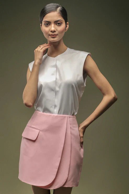 White Sleeveless Satin Shirt & Pink Short Overlapped Skirt Combo - Dheeraj Sharma