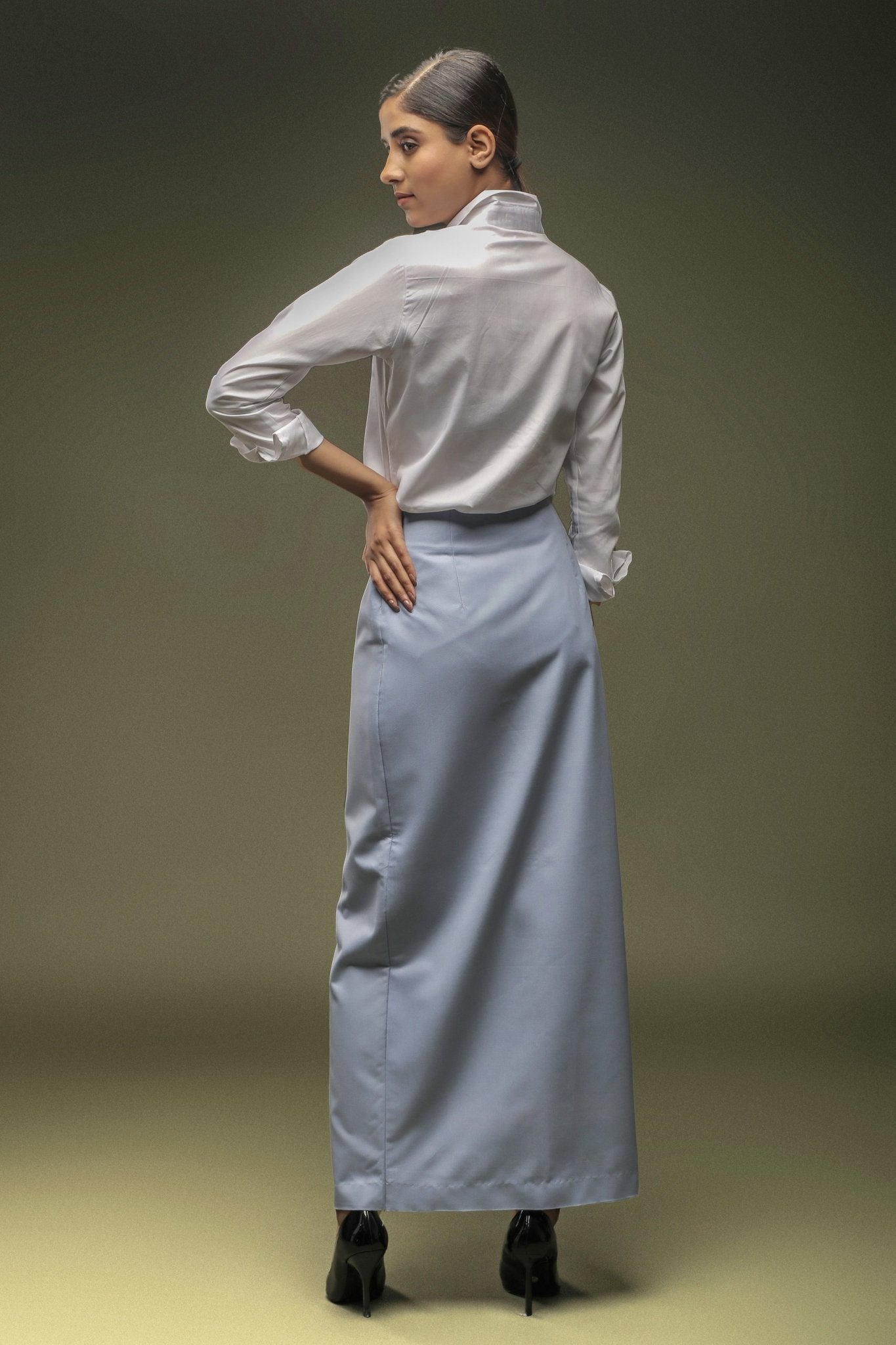 White Tuxedo Pleated Yoke Shirt & Light Blue Long Overlapped Skirt Combo - Dheeraj Sharma