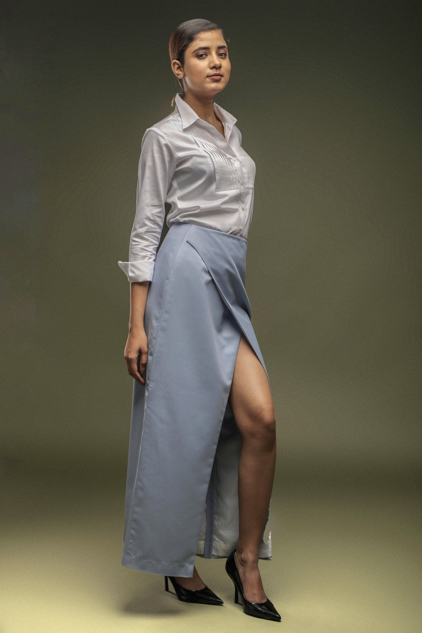 White Tuxedo Pleated Yoke Shirt & Light Blue Long Overlapped Skirt Combo - Dheeraj Sharma