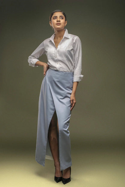 White Tuxedo Pleated Yoke Shirt & Light Blue Long Overlapped Skirt Combo - Dheeraj Sharma