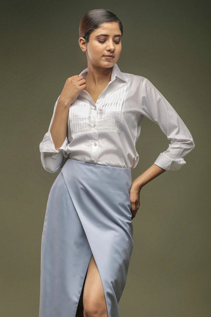 White Tuxedo Pleated Yoke Shirt & Light Blue Long Overlapped Skirt Combo - Dheeraj Sharma