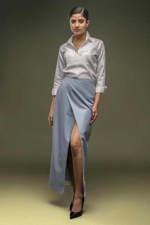 White Tuxedo Pleated Yoke Shirt & Light Blue Long Overlapped Skirt Combo - Dheeraj Sharma