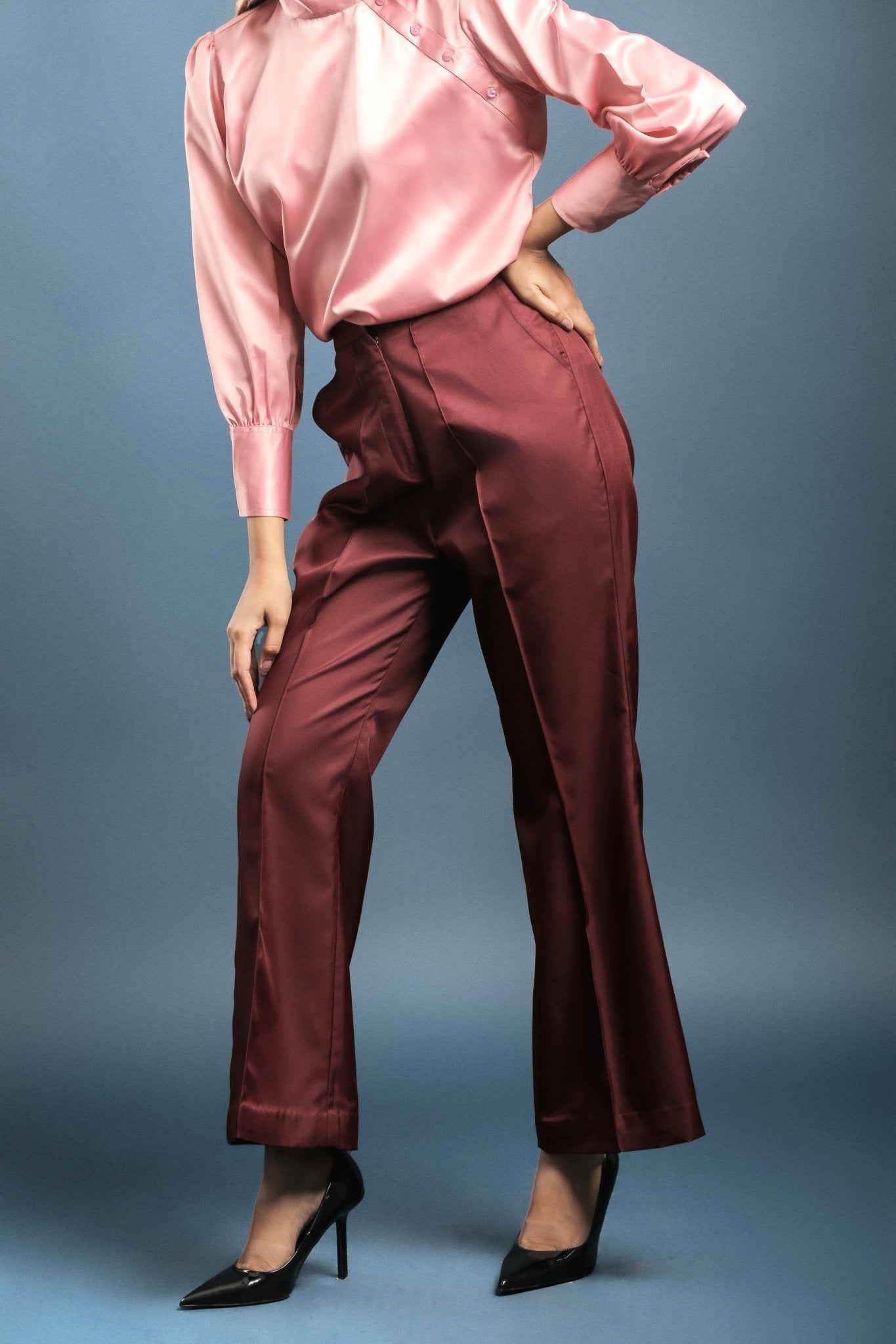 Pink High Neck Shirt & Wine Bellbottom Trouser Combo - Dheeraj Sharma