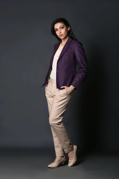 Wine Formal Blazer & Beige Classy Trouser Suit