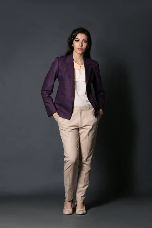 Wine Formal Blazer & Beige Classy Trouser Suit