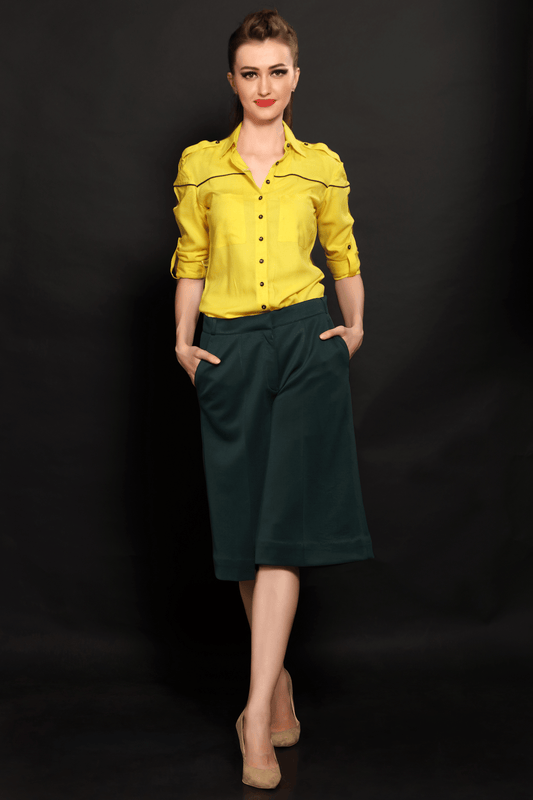 Yellow - Black Piping Women Shirt & Green Cropped Trouser Combo - Dheeraj Sharma