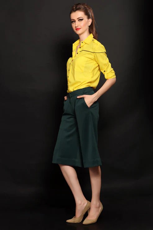 Yellow - Black Piping Women Shirt & Green Cropped Trouser Combo - Dheeraj Sharma