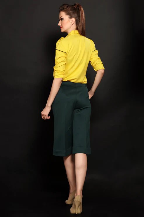 Yellow - Black Piping Women Shirt & Green Cropped Trouser Combo - Dheeraj Sharma