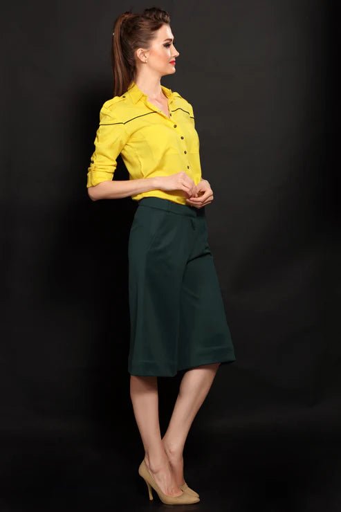 Yellow - Black Piping Women Shirt & Green Cropped Trouser Combo - Dheeraj Sharma